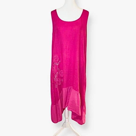 Cristina Vergani Italian Linen Blend w/ Embroidered Rosettes Pink Midi Dress - Picture 3 of 11